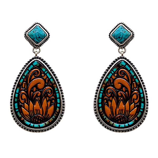 Tooled Leather Sunflower Turquoise Earrings