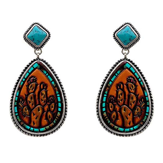 Cactus Tooled Leather Turquoise Earrings